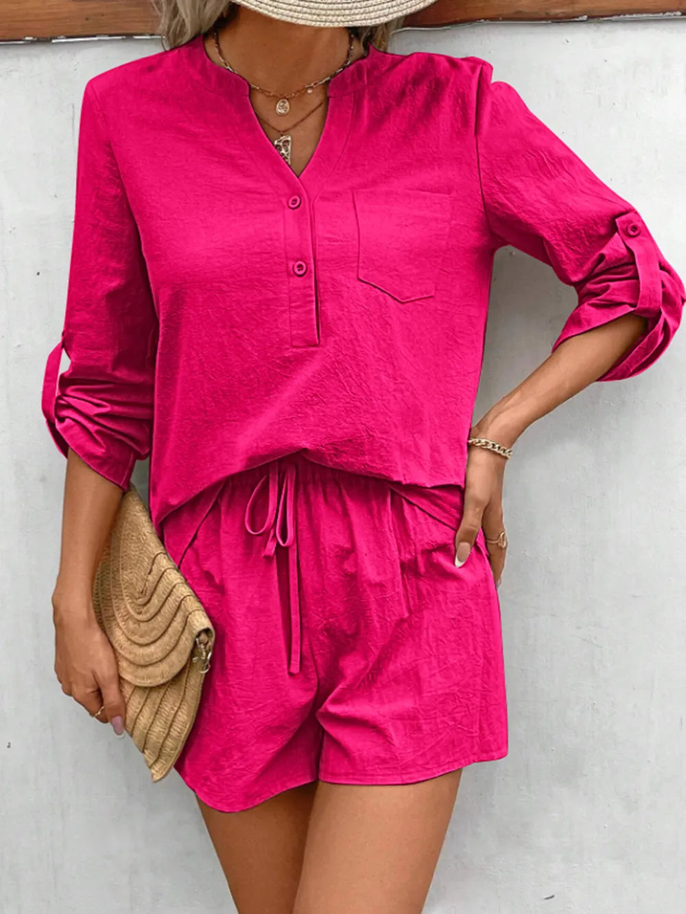 Notched Long Sleeve Top and Shorts Set - CHIC TB