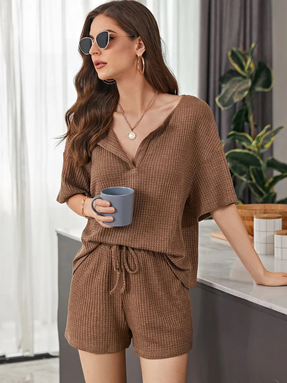 Full Size Waffle-Knit Dropped Shoulder Top and Shorts Set - CHIC TB