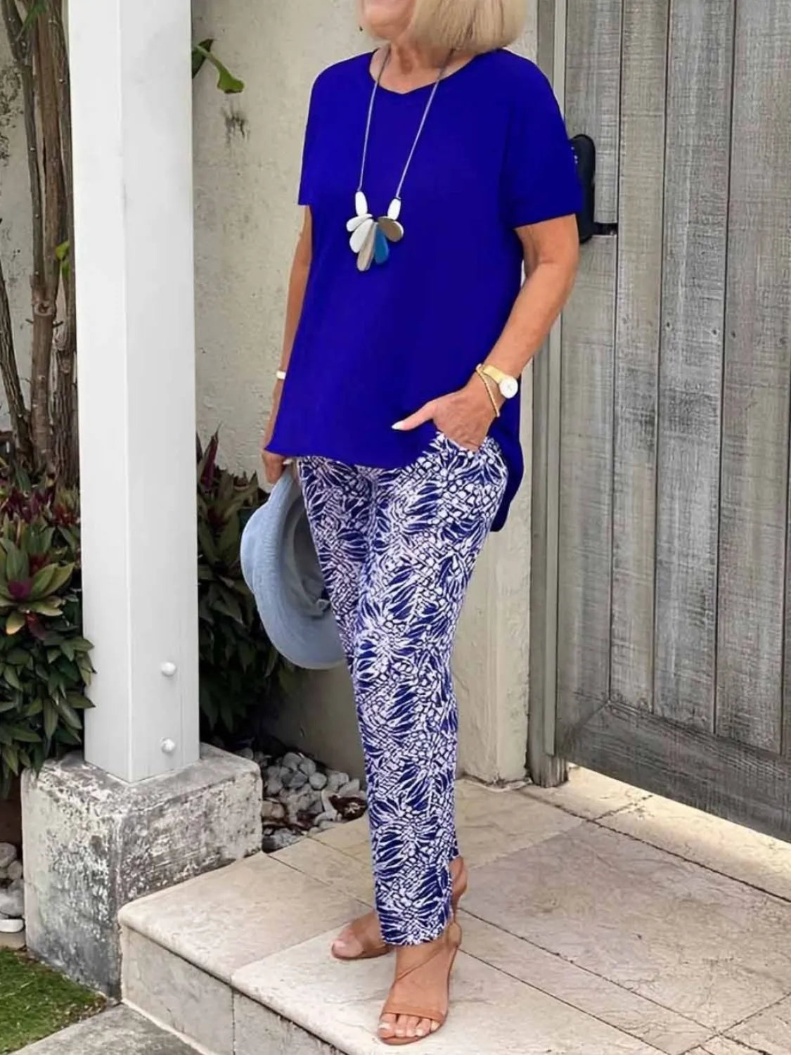 Full Size Round Neck Short Sleeve Top and Pants Set Plus Size - CHIC TB