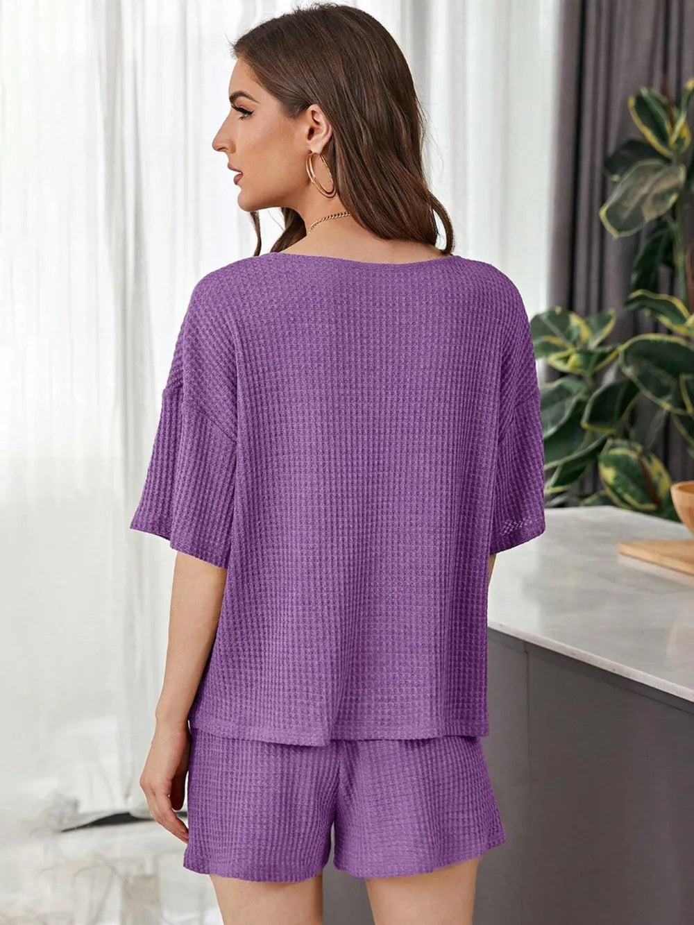 Full Size Waffle-Knit Dropped Shoulder Top and Shorts Set - CHIC TB