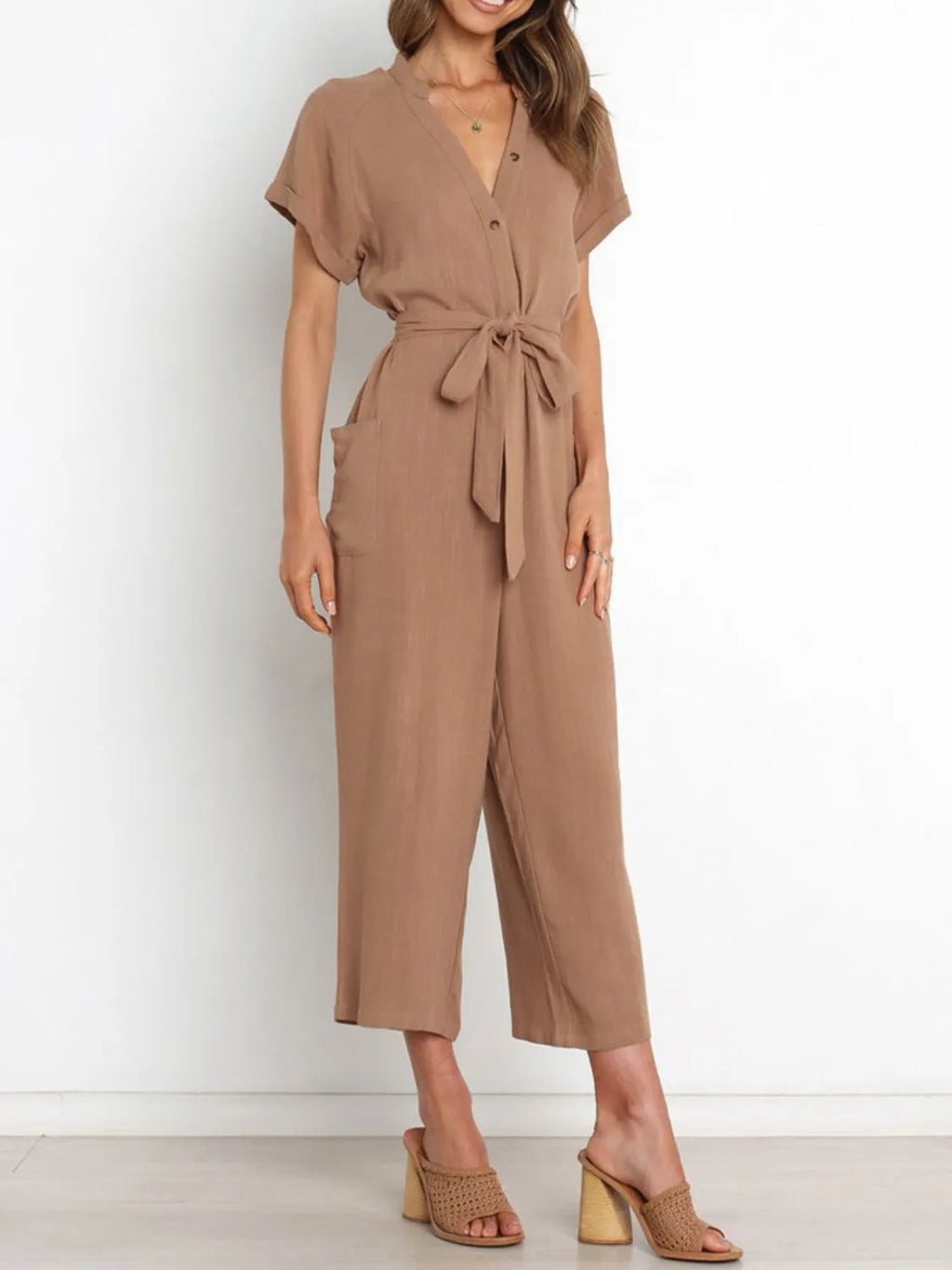 Notched Short Sleeve Tie Waist Jumpsuit.