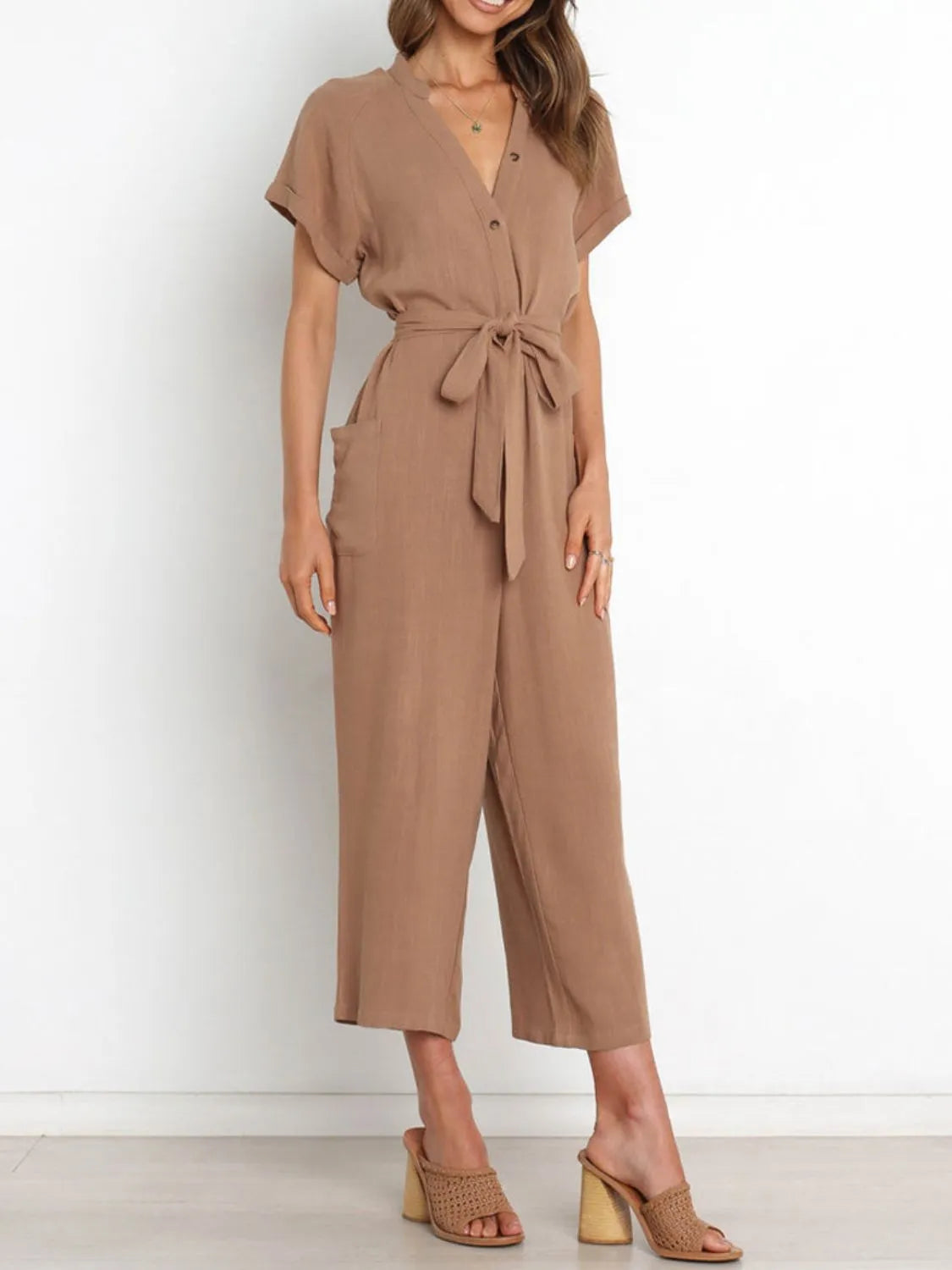 Notched Short Sleeve Tie Waist Jumpsuit.