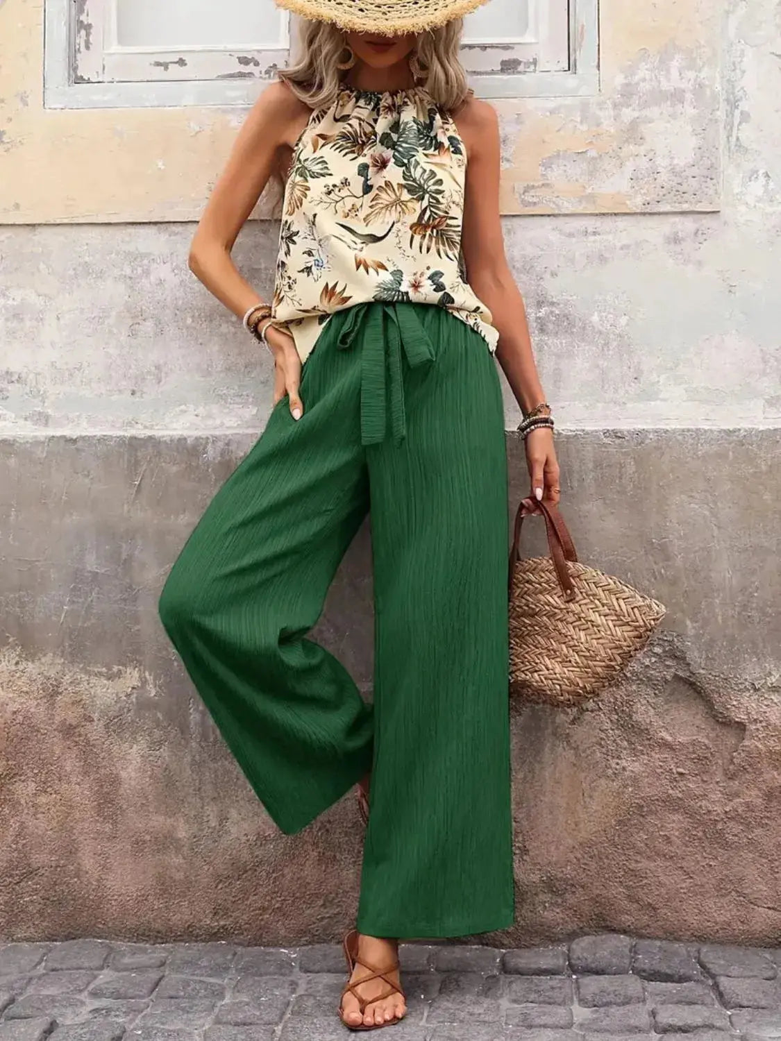Tank Top and Wide Leg Pants Set.