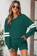 Evergreen Varsity Striped Sleeve Drop Shoulder Sweatshirt and Short Set