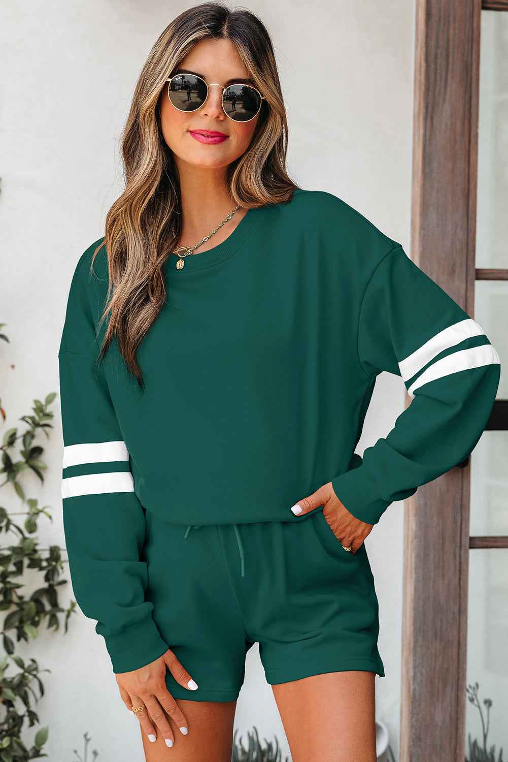 Evergreen Varsity Striped Sleeve Drop Shoulder Sweatshirt and Short Set