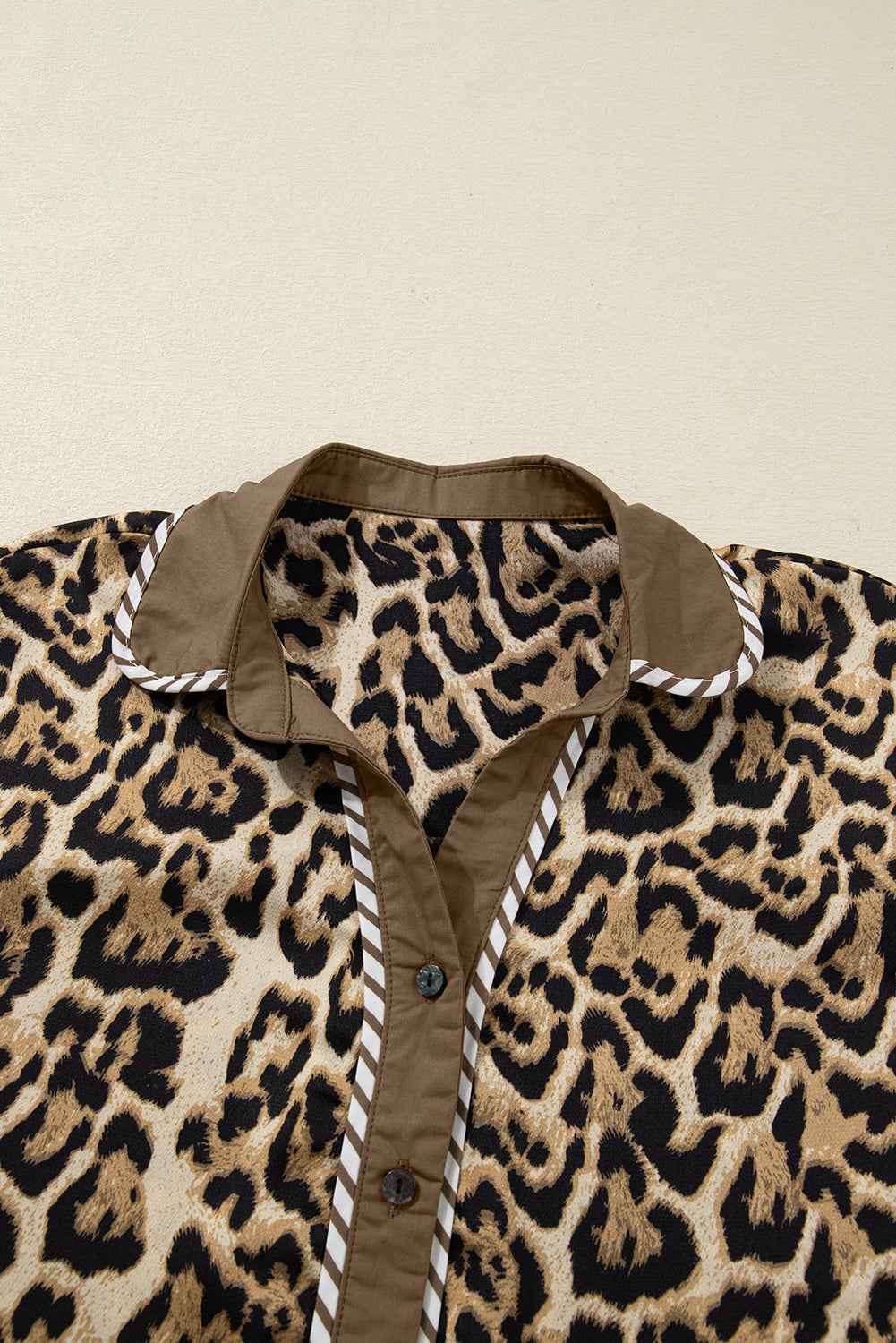 Brown Leopard Collared 3/4 Sleeve Shirt and Loose Pants Two Piece Outfit Set