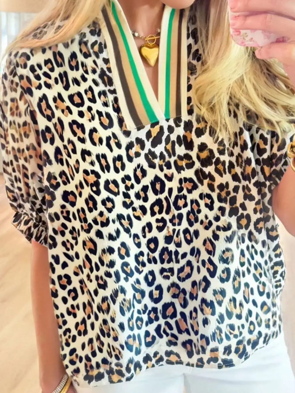 Leopard Print Notched Blouse with Striped Trim.