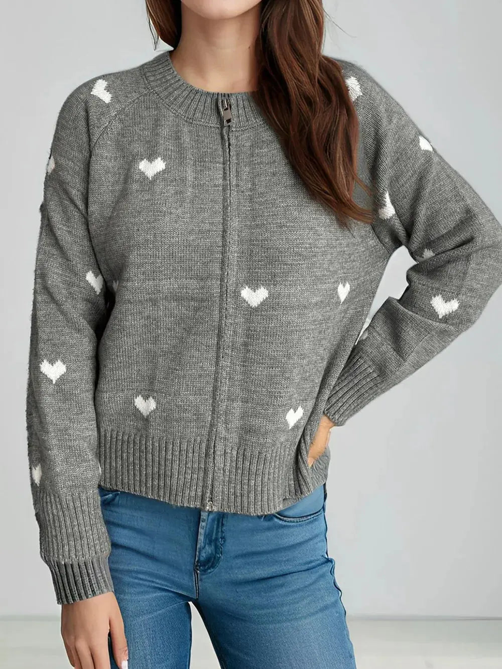 Heart Round Neck Zip Up Cardigan.