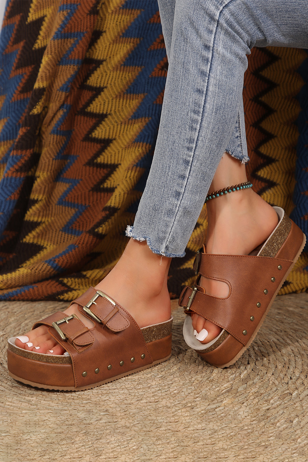 Chestnut Dual Buckle Studded Platform Sandal Slippers Dear-Lover Dropshipping