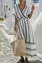 Women Striped Wrap Maxi Dress Half Sleeve Casual Long Sundress