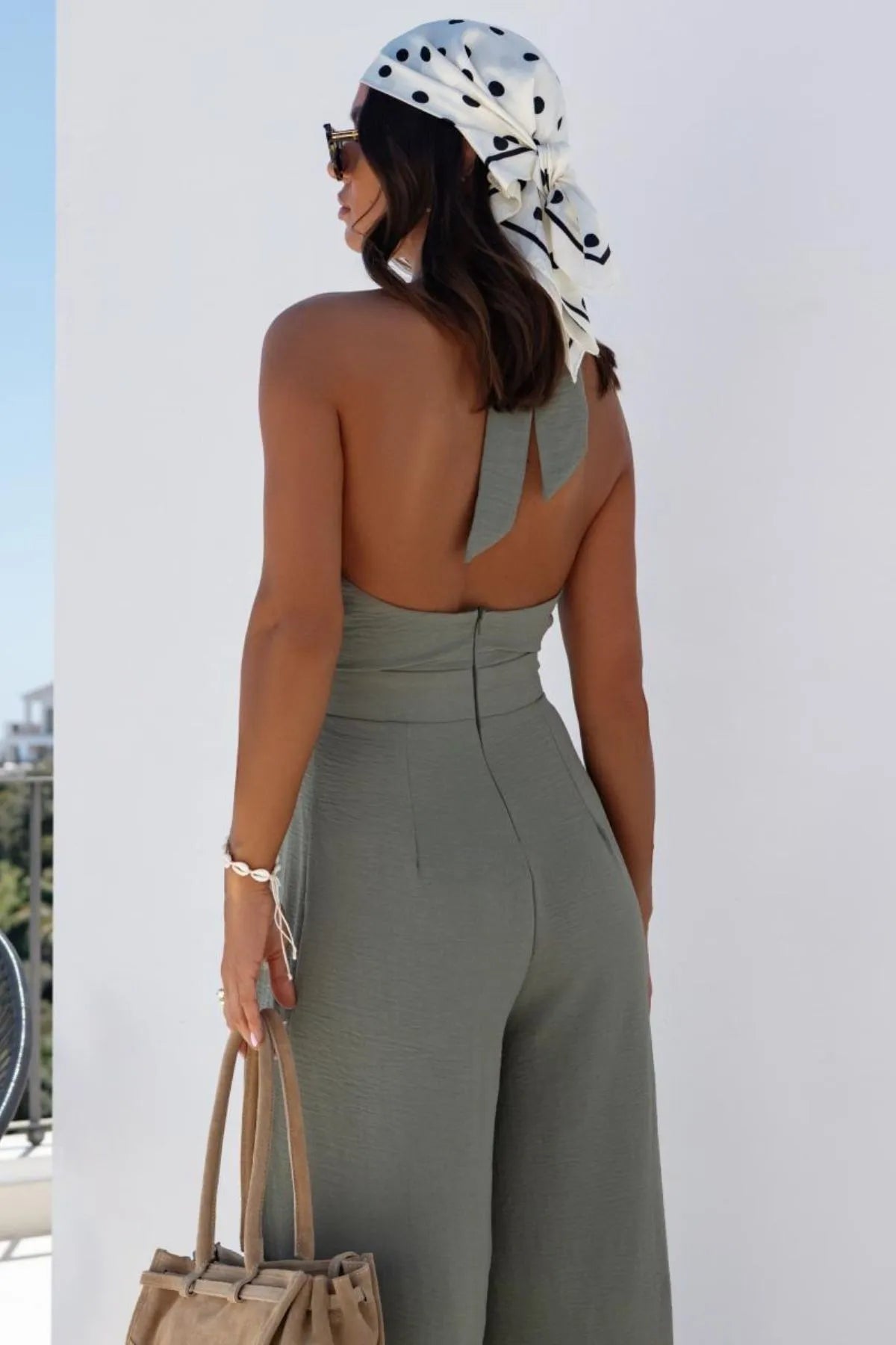 Halter Neck Wide Leg Jumpsuit with Keyhole Detail - CHIC TB