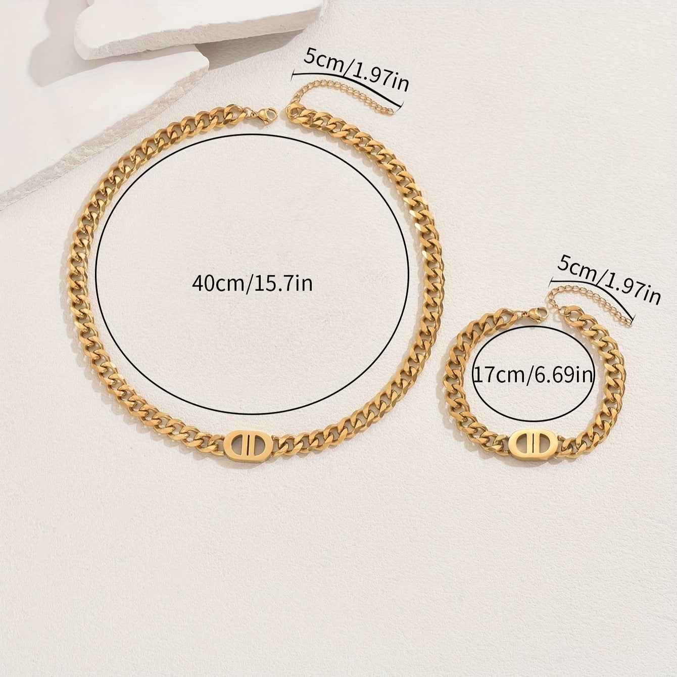 European American Women Light Luxury Cuban Jewelry Set, Niche Geometric Hip Hop Design Long Clavicle Necklace & Matching Wrist Accessories