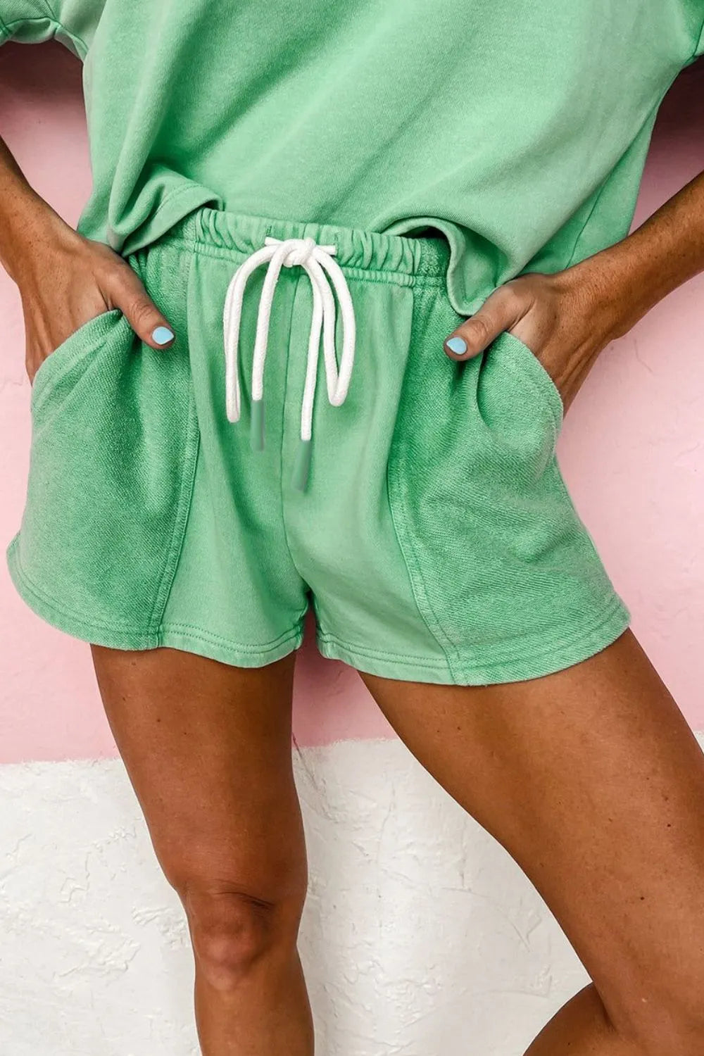 V-Neck Short Sleeve Loose Top and Drawstring Shorts Set.