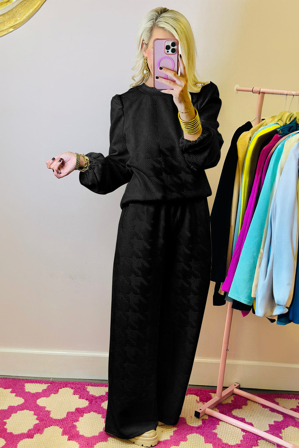 Black Textured Puff Sleeve Top and Pants Set Dear-Lover Dropshipping