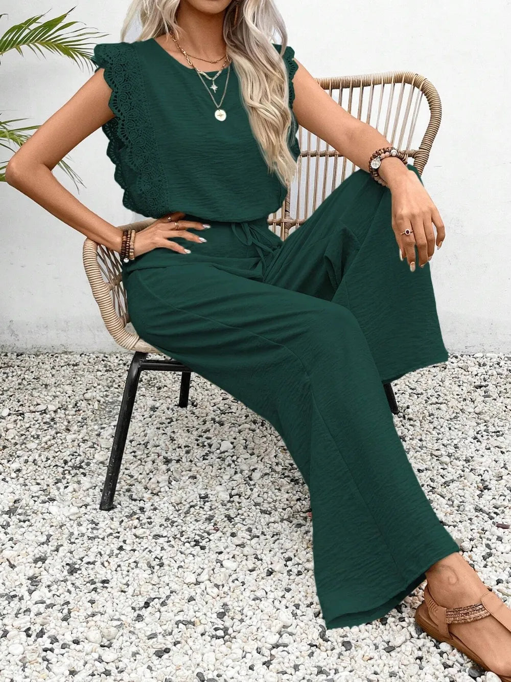 Lace Trim Round Neck Top and Pants Set - CHIC TB