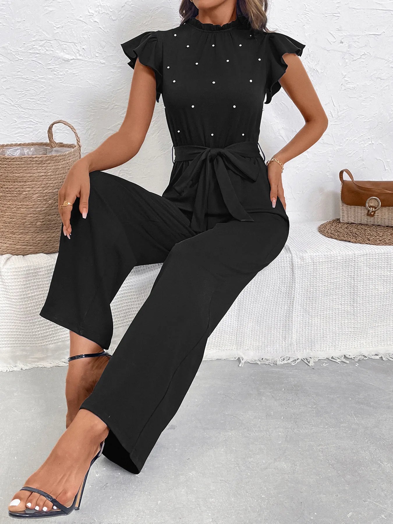 Pearl Detail Ruffled Cap Sleeve Jumpsuit.