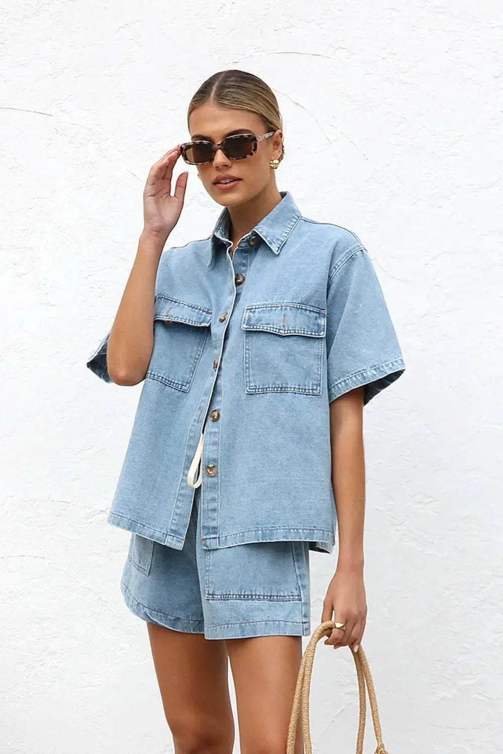 Button Up Top and Shorts Denim Set.