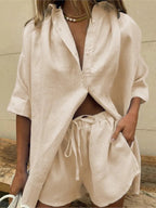 Casual Cotton Linen Solid Color Sets Women Short Sleeve Loose Shirt Wide Leg Shorts Two Piece Set Woman Suits 2023 Summer eprolo