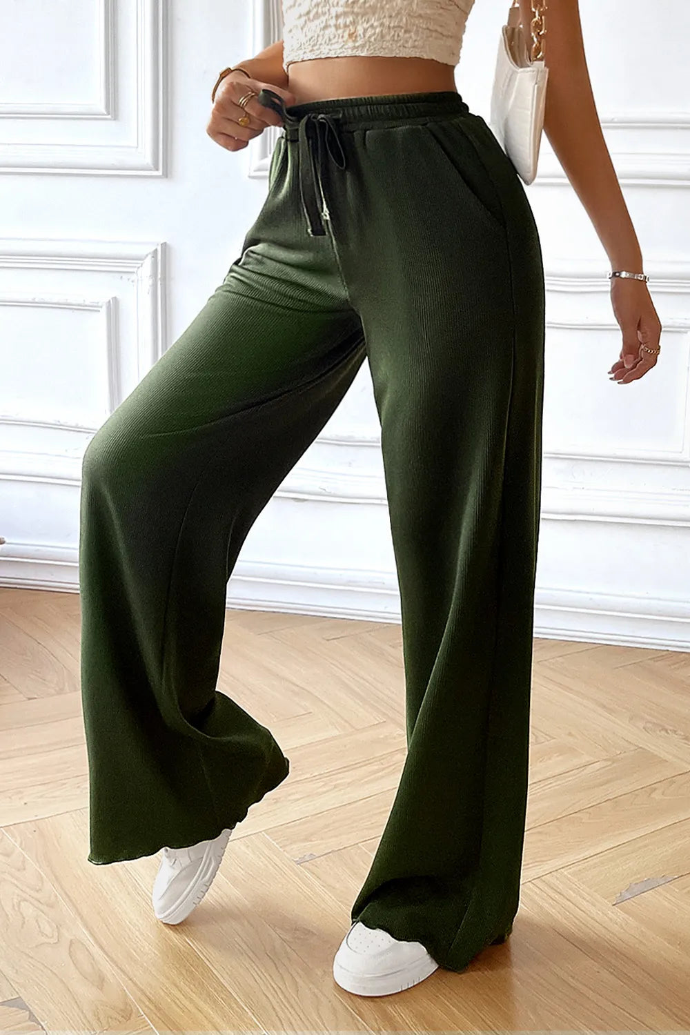 Devine Drawstring Wide Leg Pants with Pocketed.