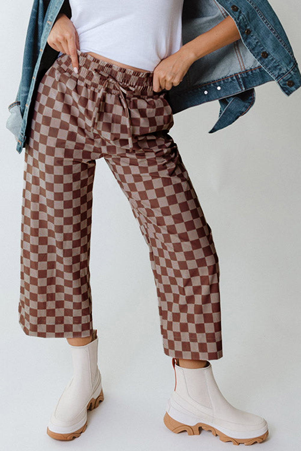 Khaki Checkered Elastic High Waist Loose Casual Pants Dear-Lover Dropshipping