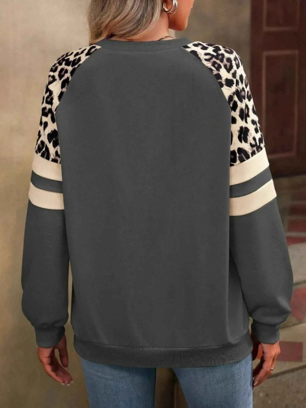Leopard Round Neck Raglan Sleeve Sweatshirt.