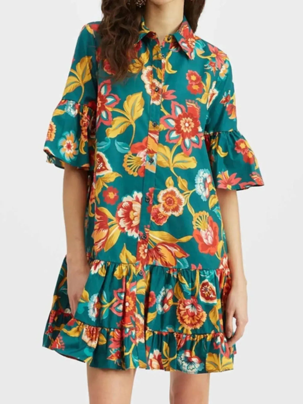 Floral Print Ruffle Sleeve Mini Dress.