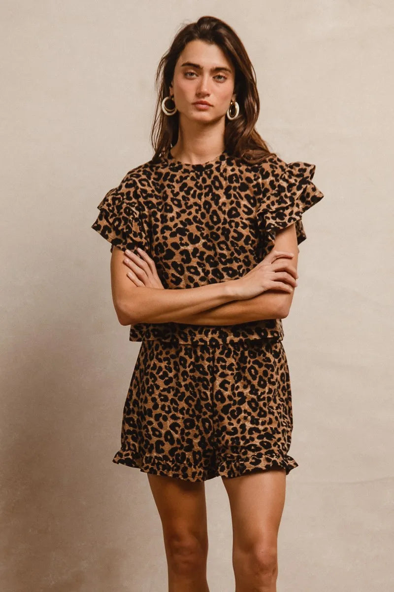 BiBi Leopard Print Waffle Texture Layered Ruffle Sleeve Top and Shorts Set.