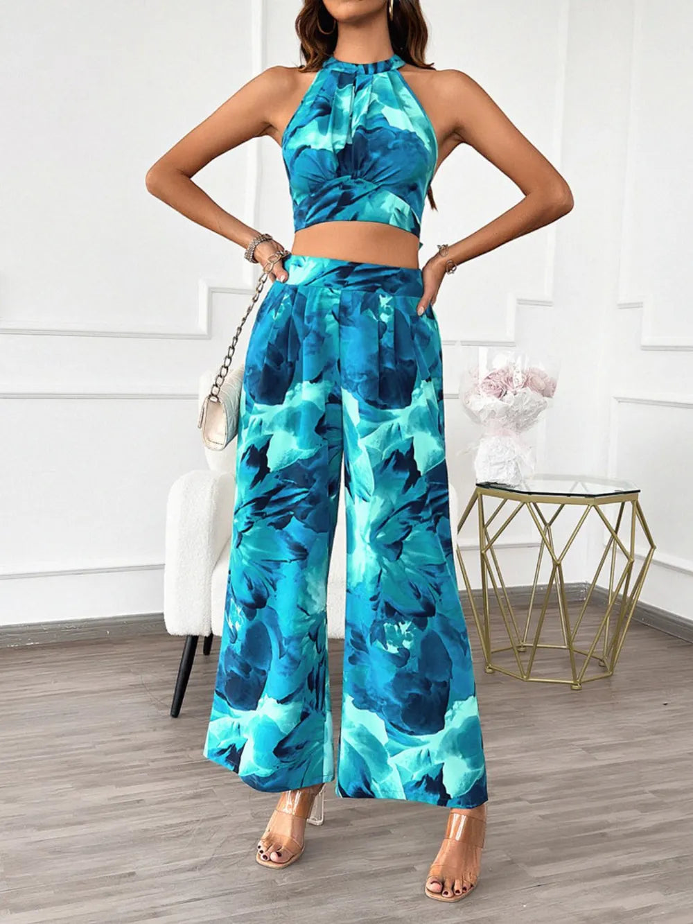 Devine Printed Halter Neck Top and Pants Set - CHIC TB