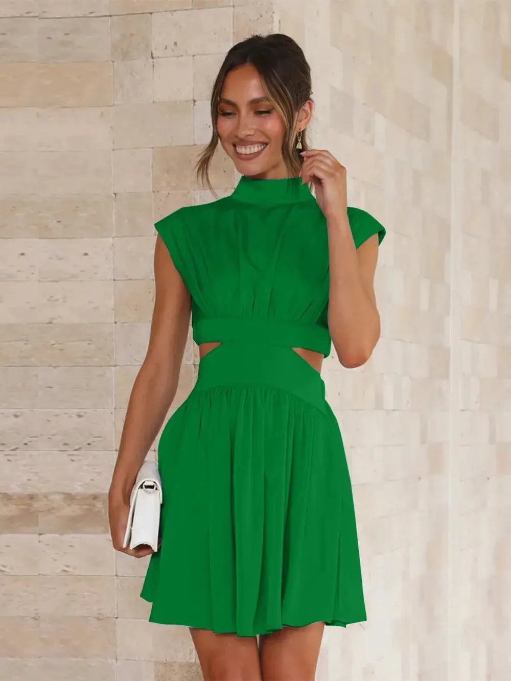 Cutout Ruched Mock Neck Mini Dress.