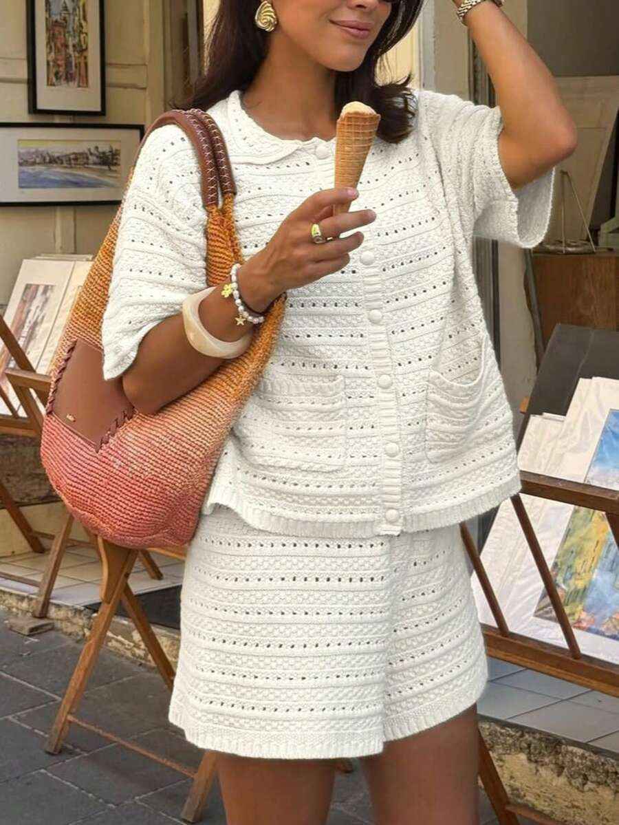 Short-sleeved Solid-color Knitted Cardigan And Shorts 2-piece Set