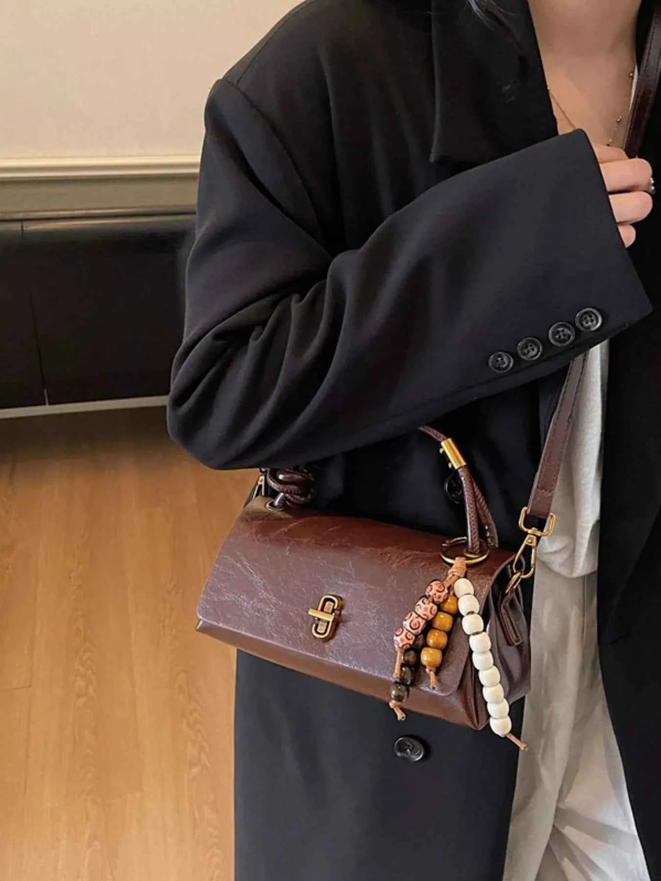 Leather Crossbody Bag with Bead Charm