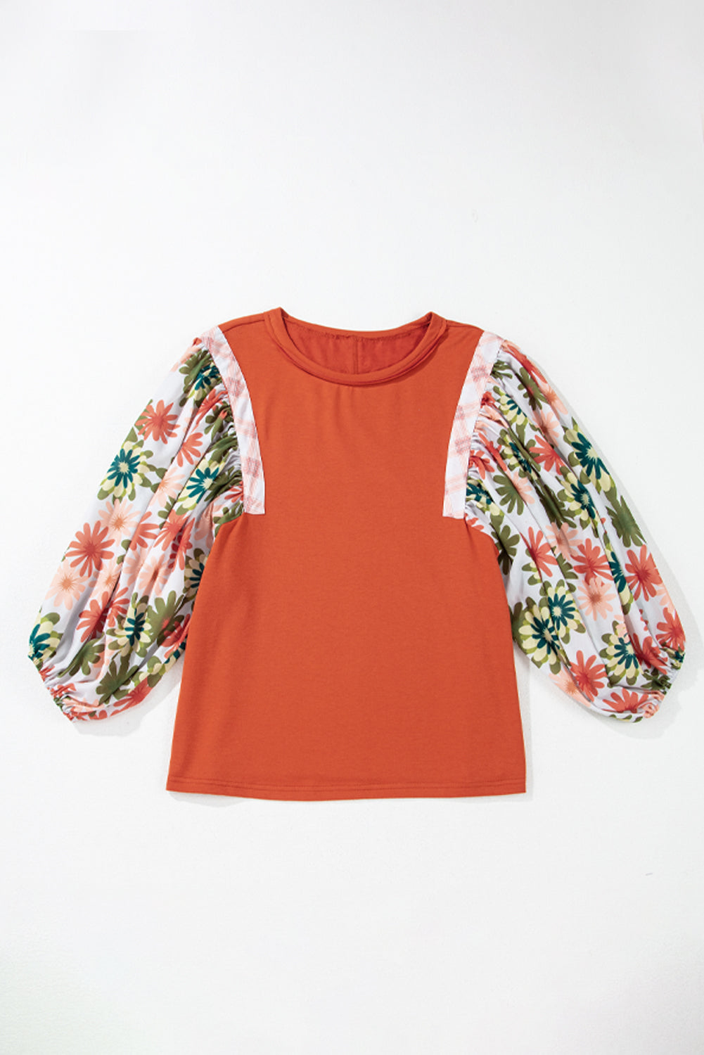 Desert Gold Floral Puff Sleeve Patchwork Round Neck Blouse Dear-Lover Dropshipping
