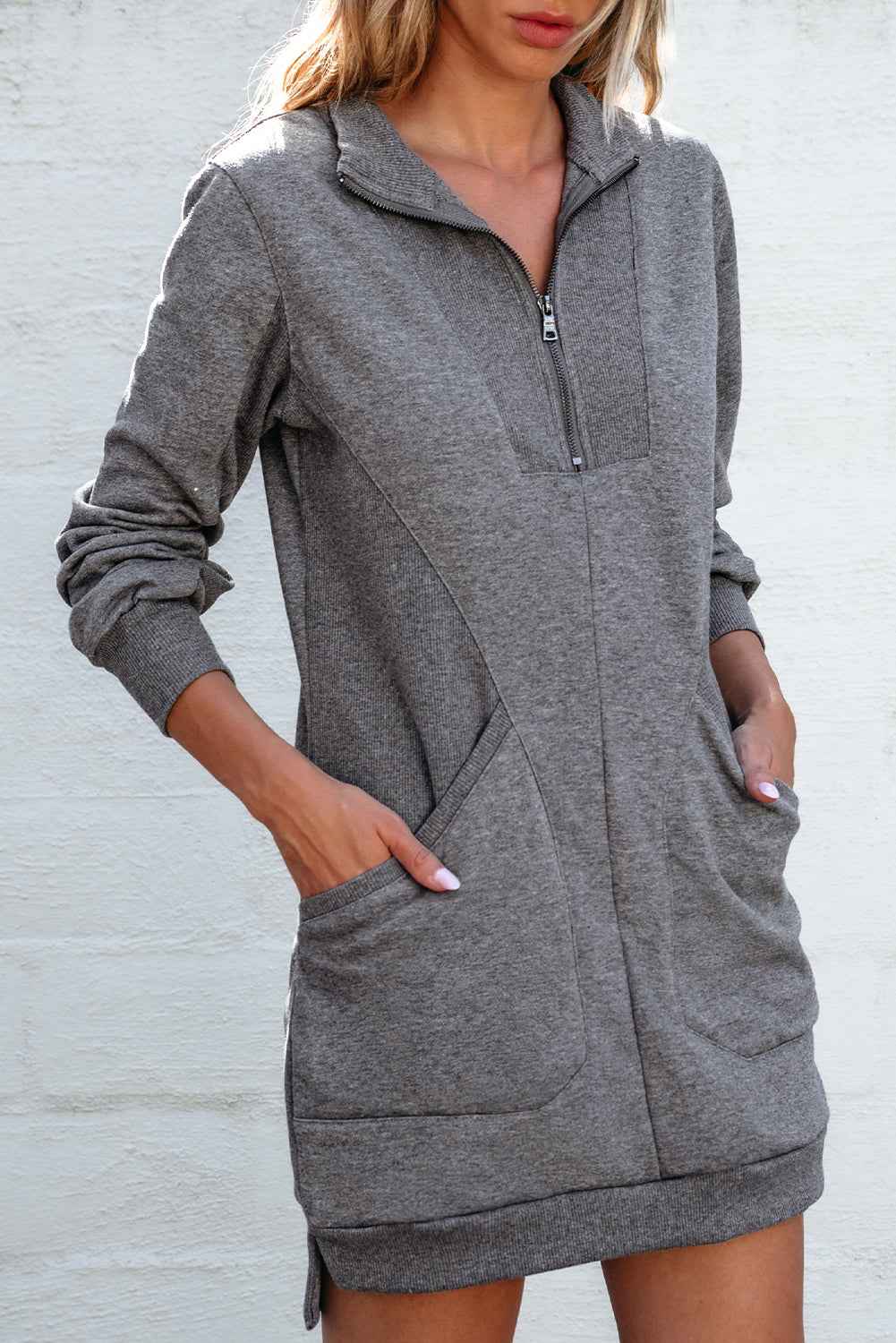 Dark Grey Zip up Collared Ribbed Patchwork Sweatshirt Dress with Pockets