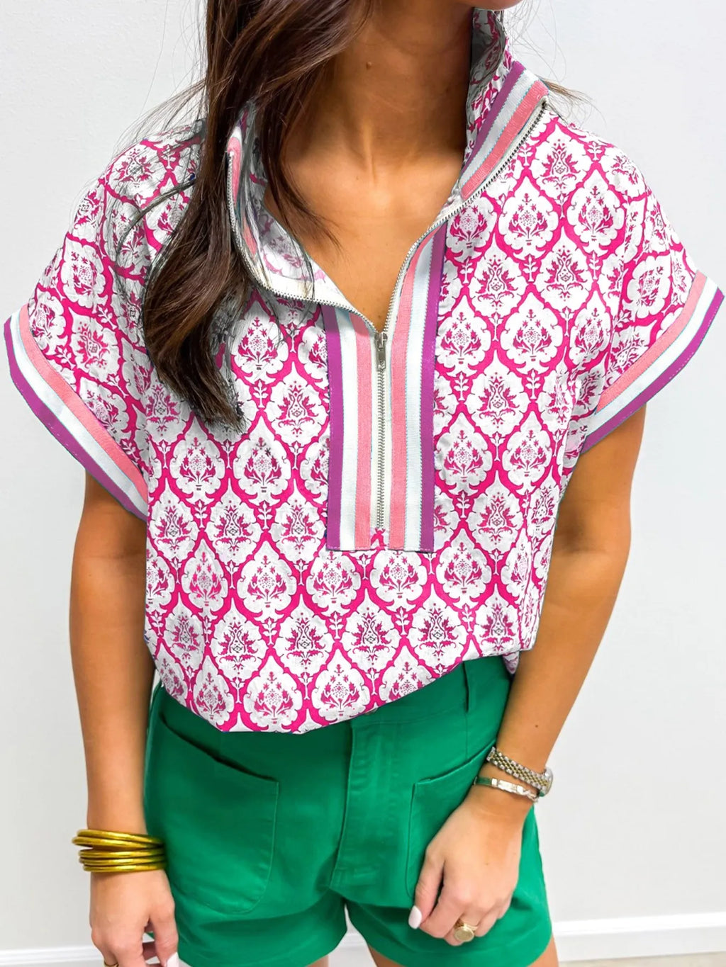Printed Half Zip Short Sleeve Blouse.