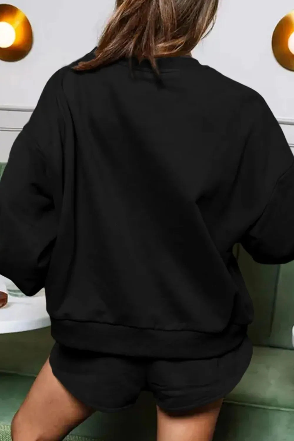 COFFEE Sequin Round Neck Long Sleeve Top and Shorts Set.