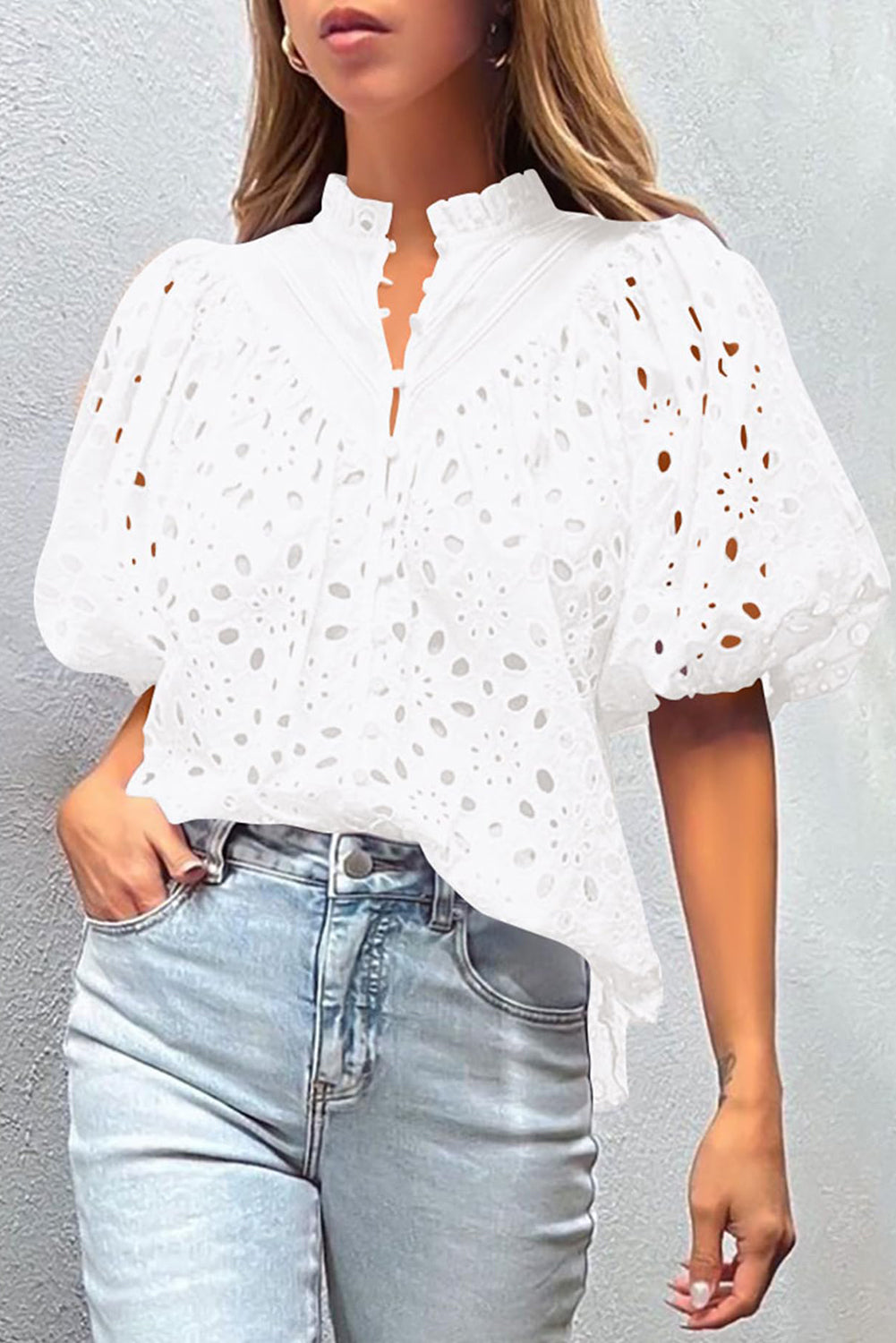 White Flower Embroidered Hollow-out Puff Sleeve Blouse Dear-Lover Dropshipping