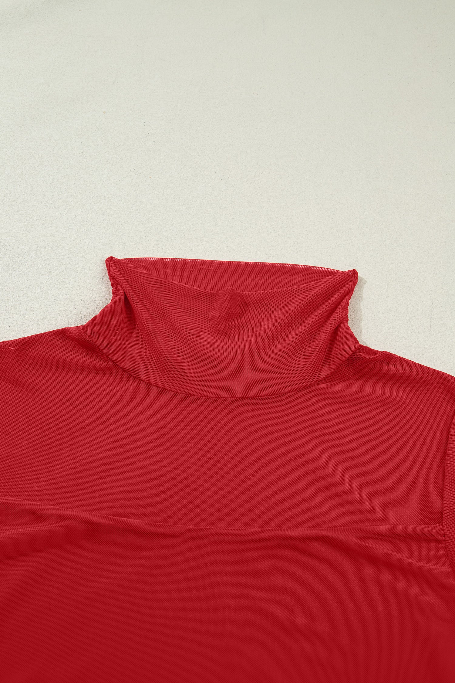 Fiery Red Sheer Mesh Patchwork High Neck Long Sleeve Top