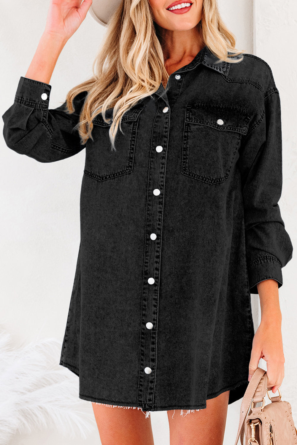 Medium Grey Beau Chest Pocket Raw Hem Denim Loose Shirt Dress Dear-Lover Dropshipping