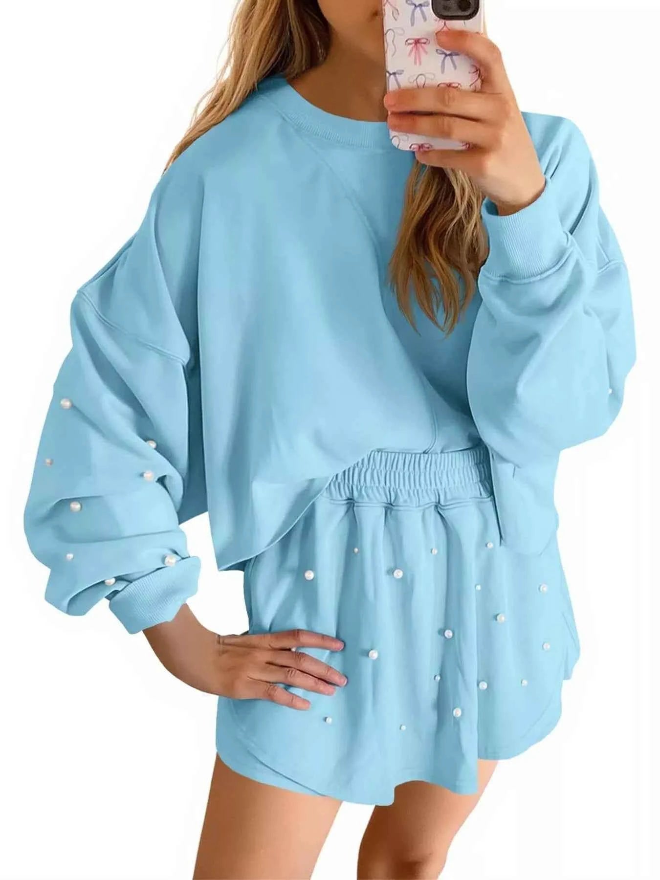 Pearl Embellished Round Neck Top and Skort Set