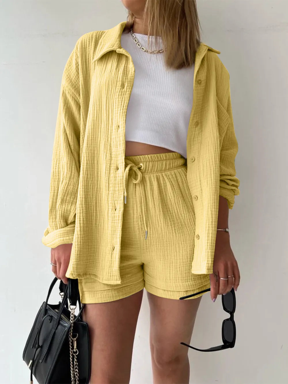 Texture Button Up Shirt and Drawstring Shorts Set - CHIC TB