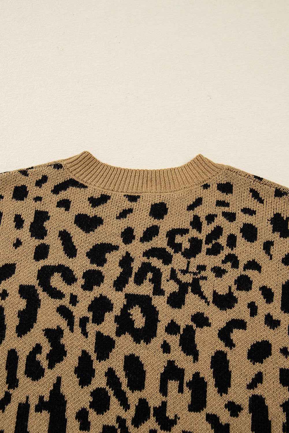 Light French Beige Ribbed Trim Round Neck Leopard Drop Shoulder Sweater