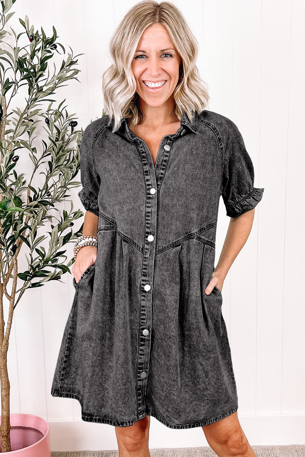 Medium Grey Mineral Wash Ruffled Short Sleeve Buttoned Denim Dress Dear-Lover Dropshipping