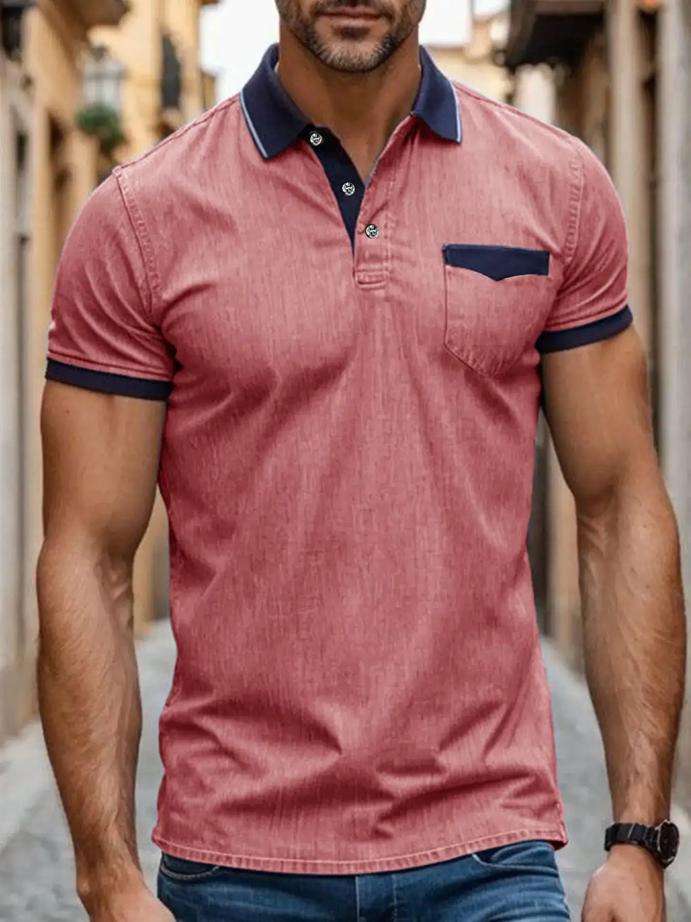 Men's Contrast Collar Pocket Polo Shirt.