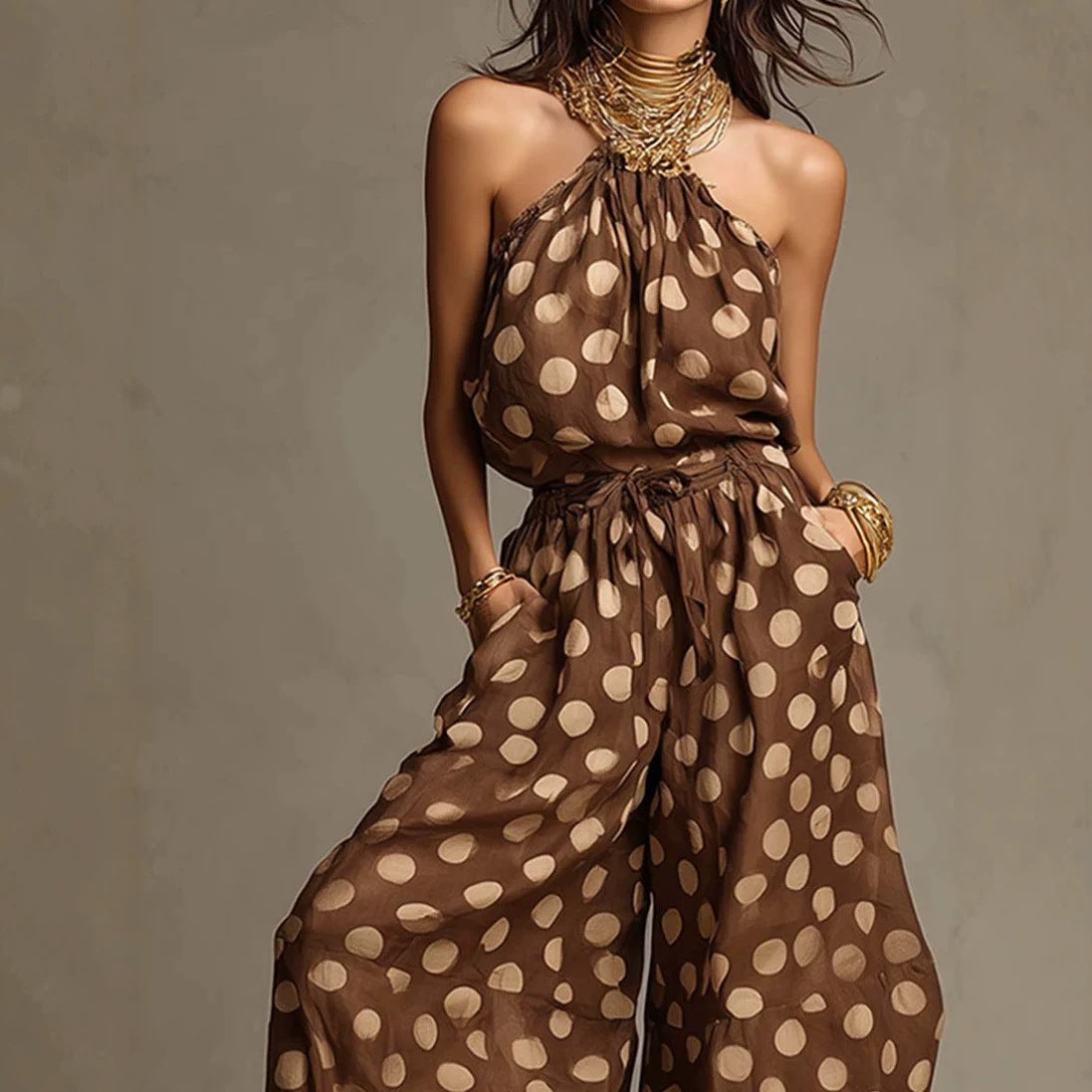 New  Polka Dot Halter Neck Women's Summer Bohemian Vacation Casual Beach Loose Wide-leg Jumpsuit
