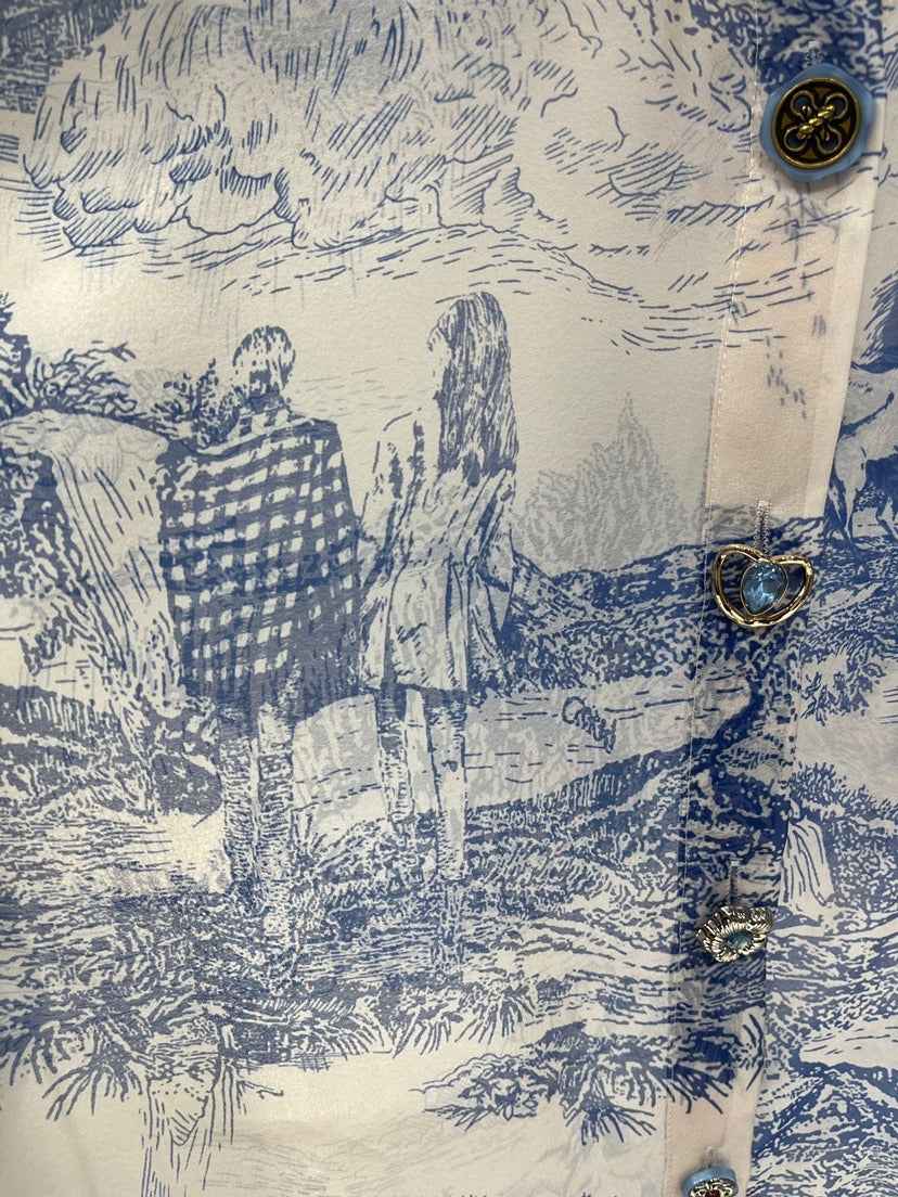 Ink painting, landscape painting, printing, lazy sun protection, high-end shirt+shorts, two piece set in blue