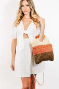 Fame Color Block Double-Use Braided Tote Bag.