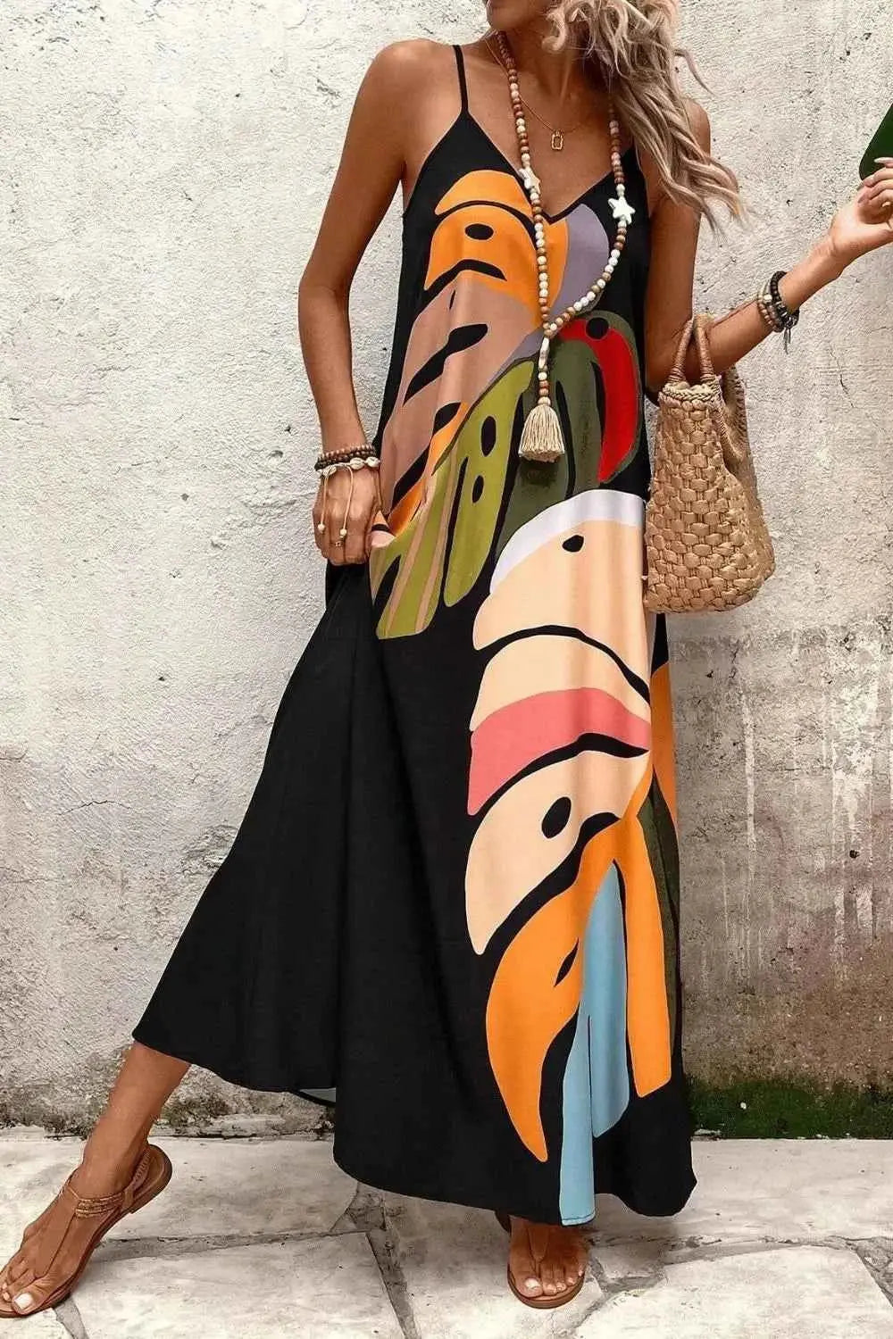 Tropical Leaf Print V-Neck Maxi Cami Dress.