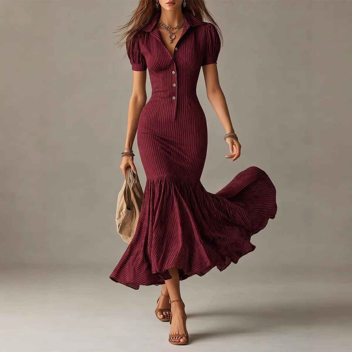 Elegant Casual Short-Sleeve Striped Mermaid Hem Dress, New Arrival