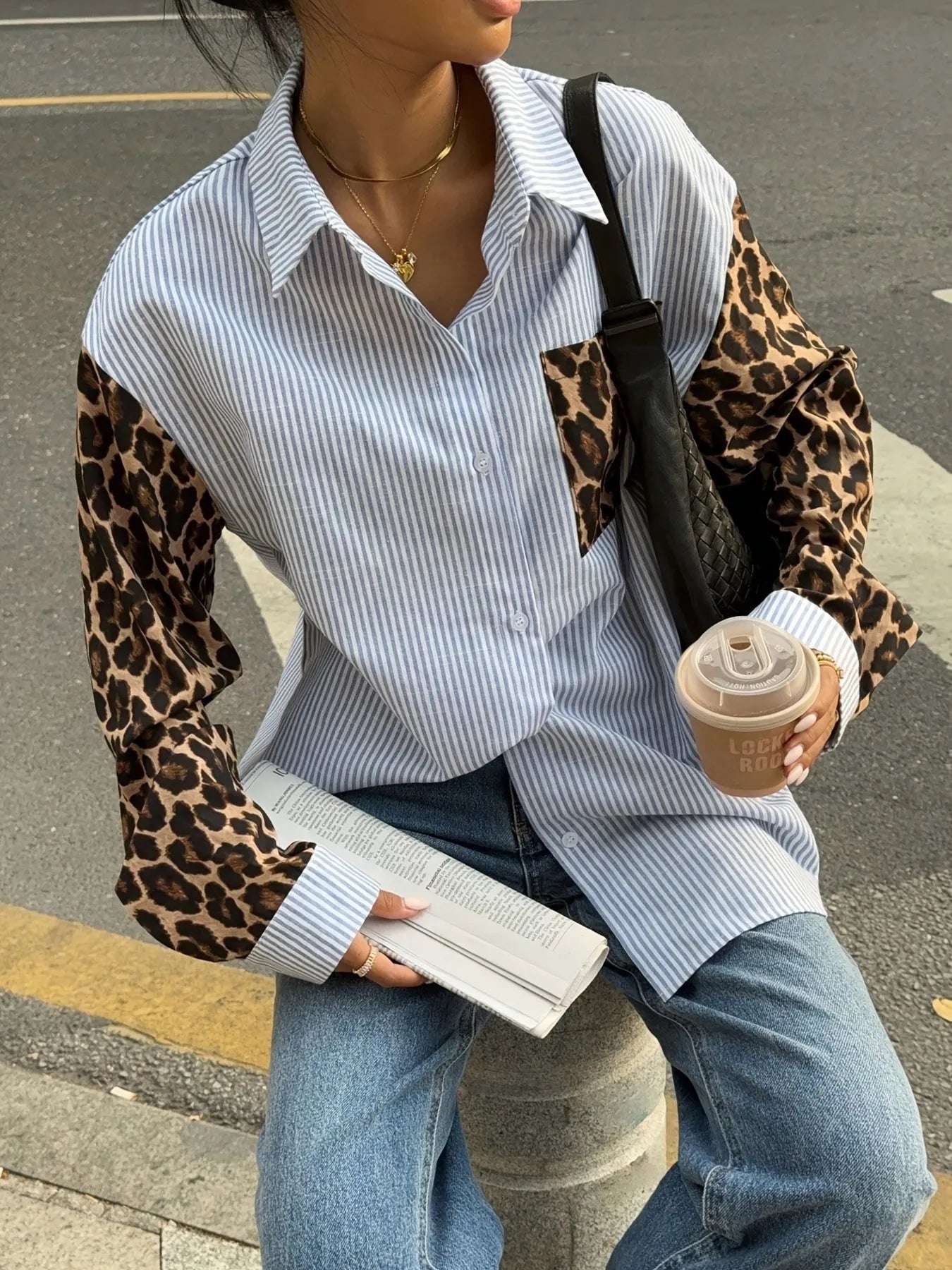Leopard Print Sleeve Striped Button-Down Shirt.