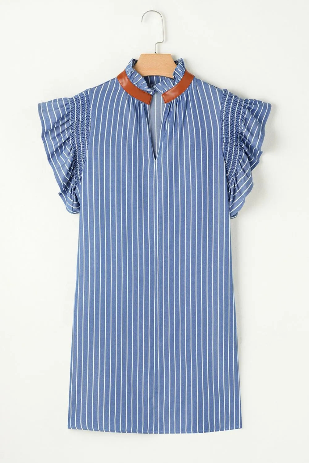 Stripe Frilly Split Neck Shirred Ruffle Sleeve Short Shift Dress.
